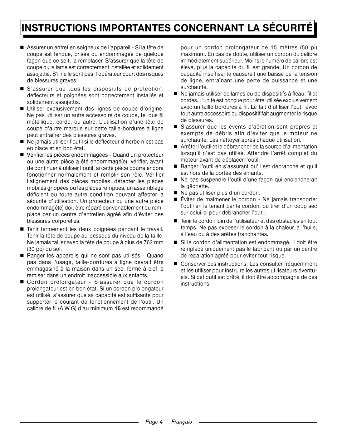 Homelite UT41121 manuel dutilisation Page 4 - Français, Instructions Importantes Concernant La Sécurité 