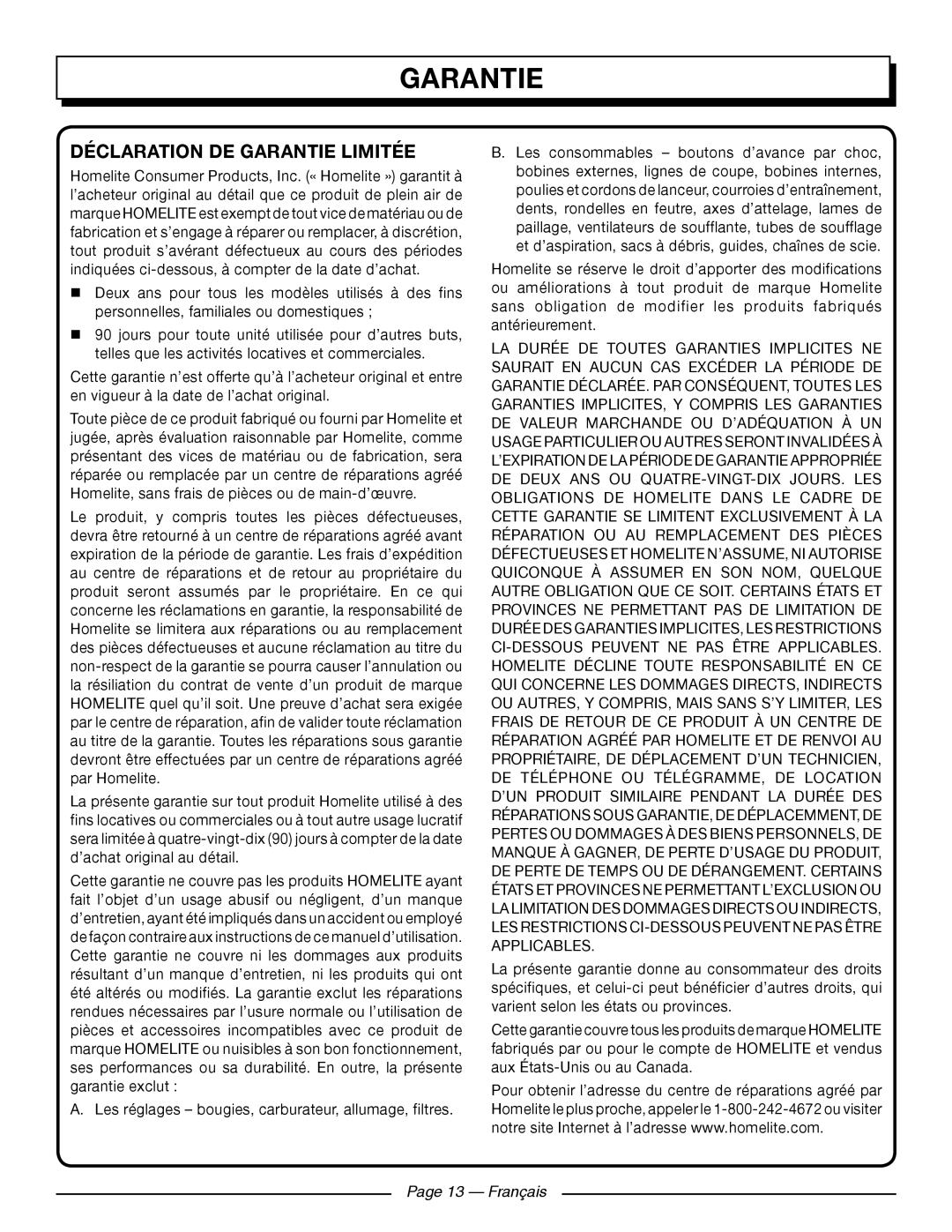 Homelite UT41121 manuel dutilisation Déclaration De Garantie Limitée, Page 13 - Français 