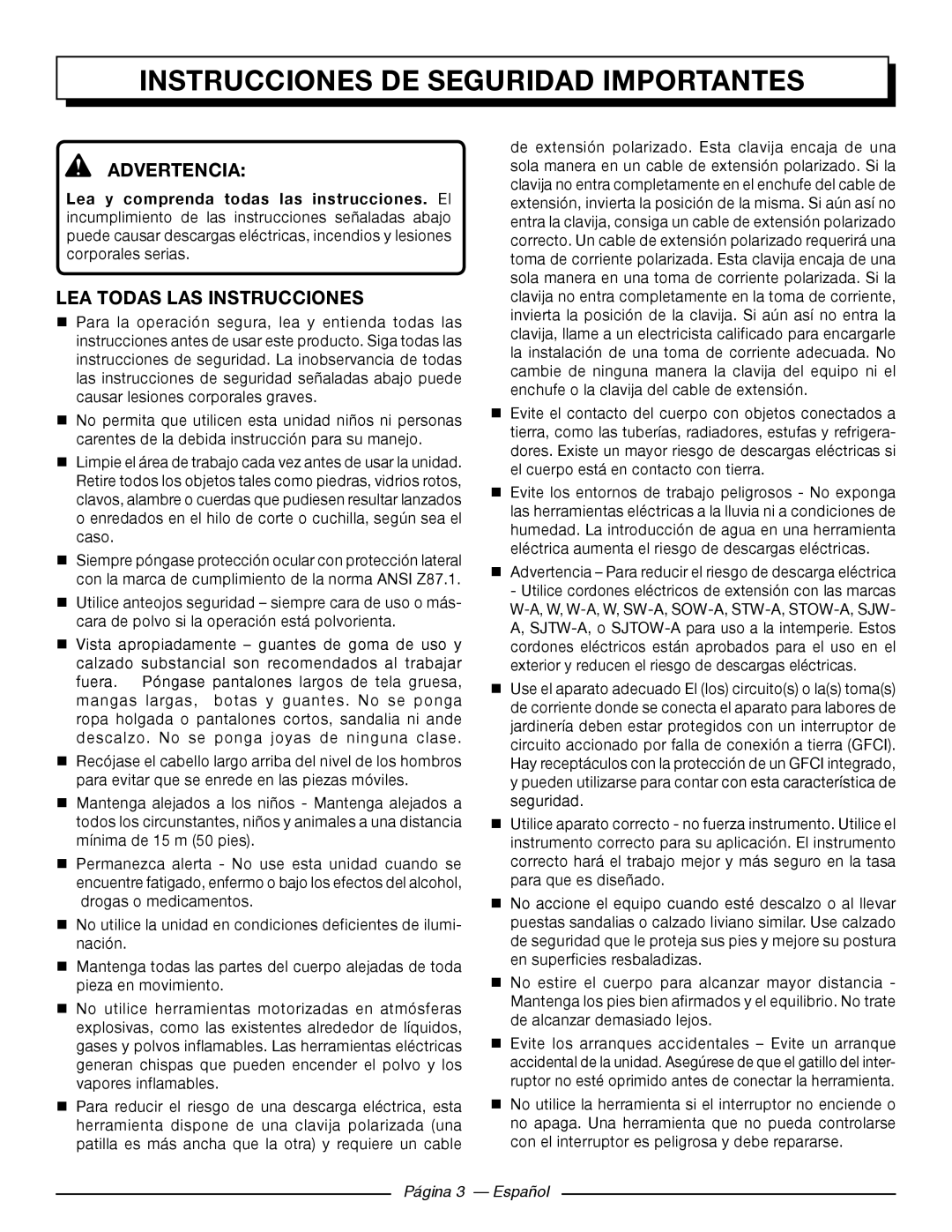Homelite UT41121 Instrucciones De Seguridad Importantes, Advertencia, Lea Todas Las Instrucciones, Página 3 - Español 