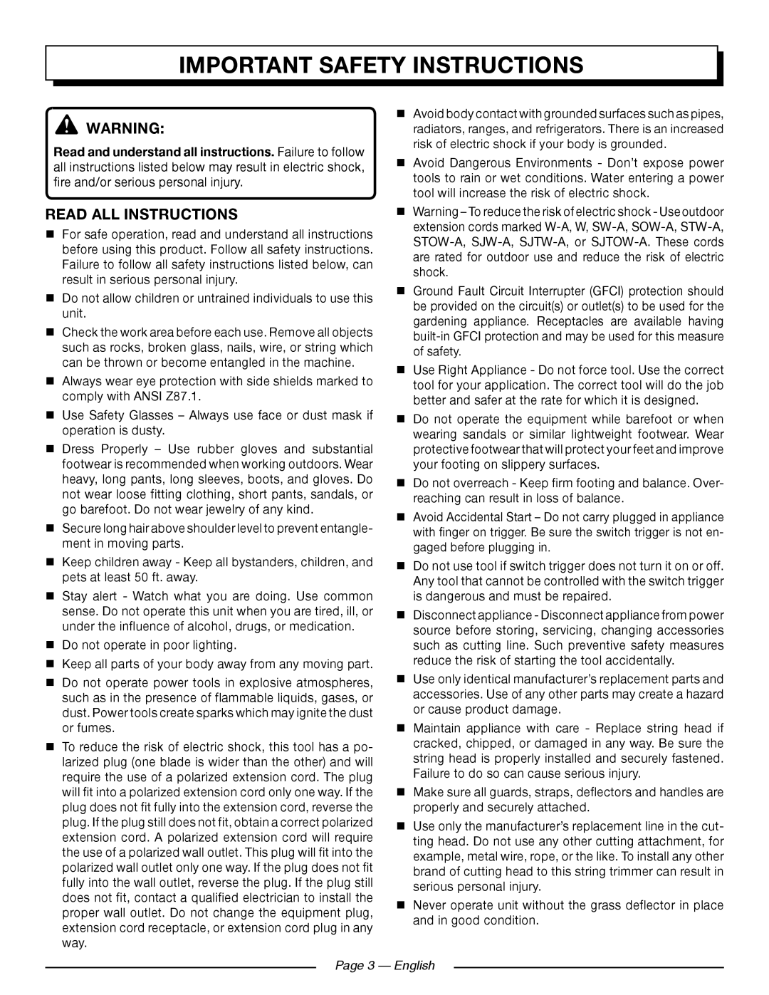 Homelite UT41121 manuel dutilisation Important Safety Instructions, Read All Instructions, Page 3 - English 