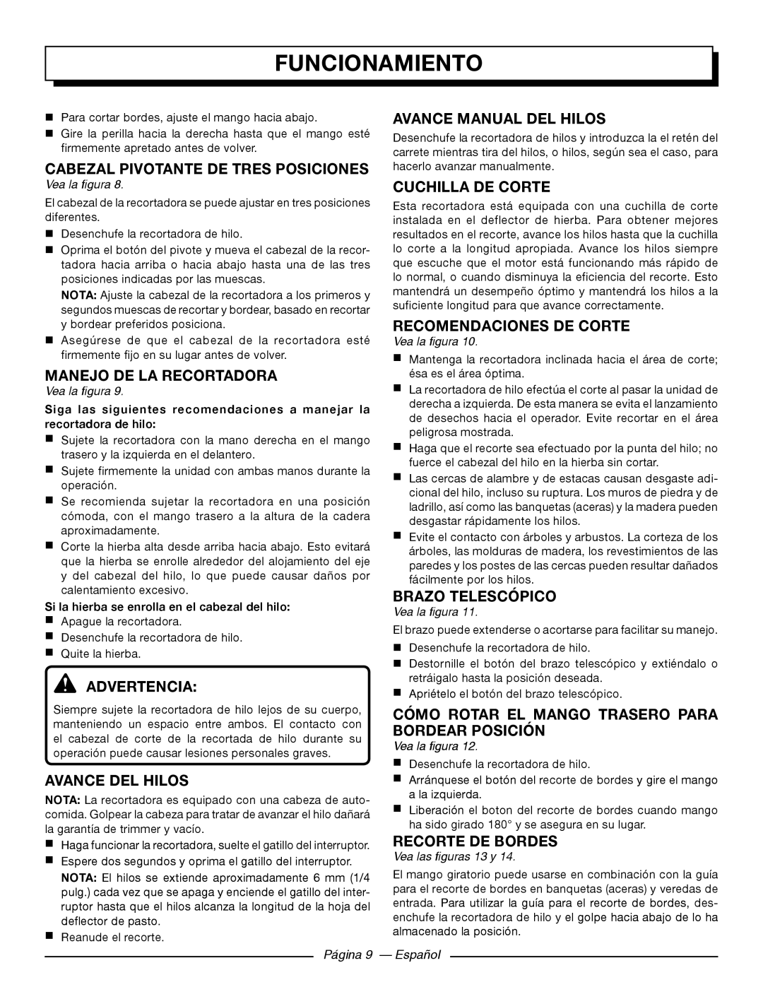 Homelite UT41121 Manejo De La Recortadora, Avance Del Hilos, Avance Manual Del Hilos, Cuchilla De Corte, Recorte De Bordes 