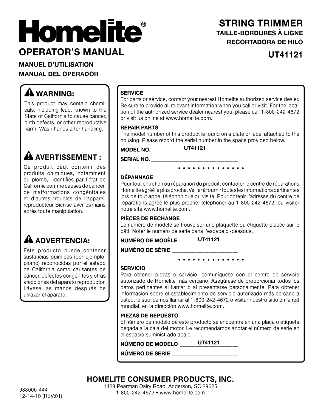 Homelite UT41121 String Trimmer, Operator’S Manual, Recortadora De Hilo, Manuel D’Utilisation Manual Del Operador, Service 