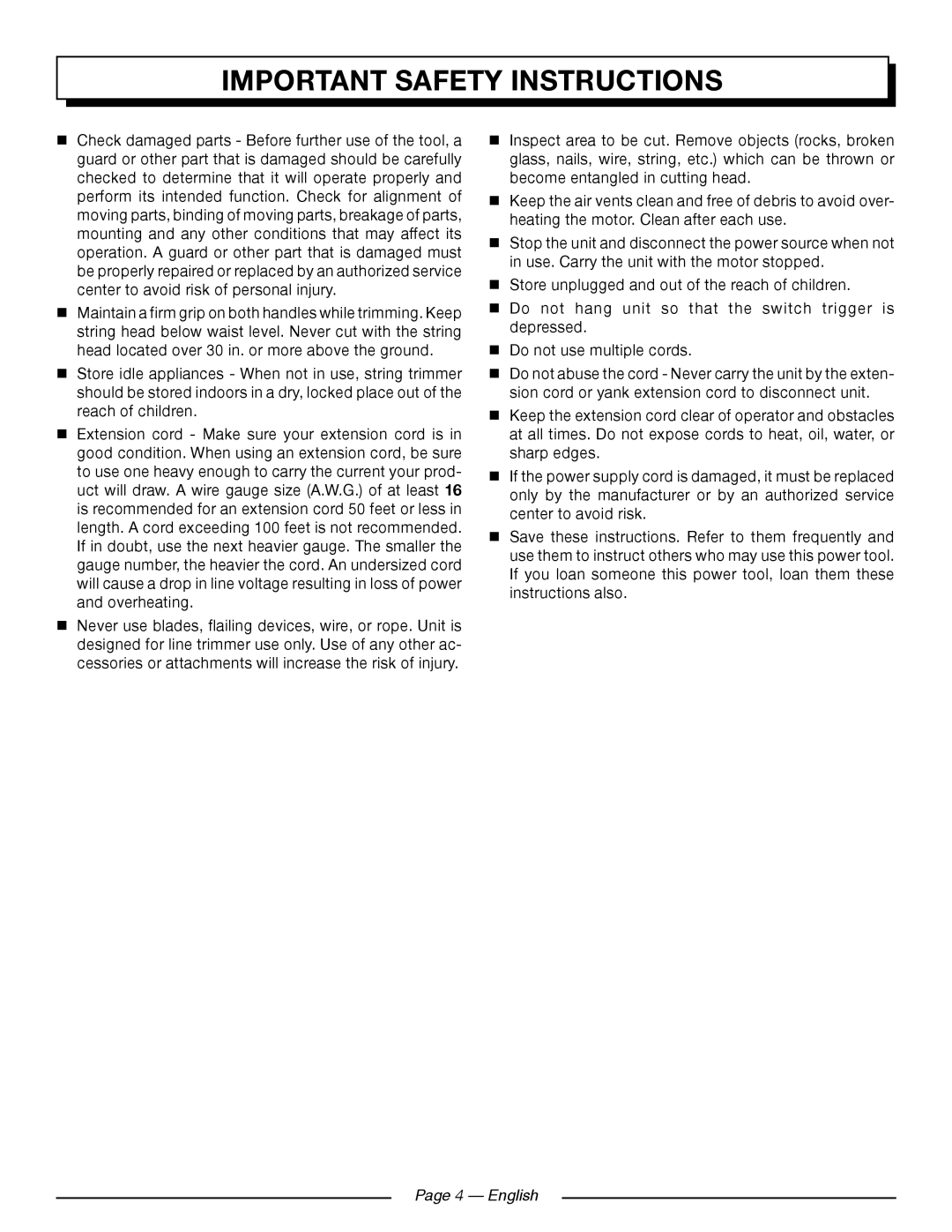 Homelite UT41121 manuel dutilisation Page 4 - English, Important Safety Instructions 