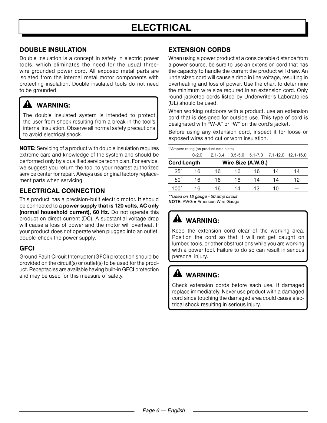Homelite UT41121 Double Insulation, Electrical Connection, Gfci, Extension Cords, Cord Length, Page 6 - English 