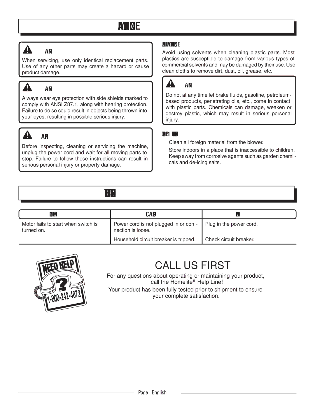 Homelite UT42100 manuel dutilisation Troubleshooting, Call US First, General Maintenance, Storage 1 Month or Longer 