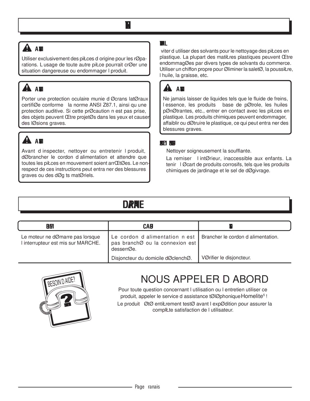 Homelite UT42100 manuel dutilisation Dépannage, Nous Appeler D’ABORD, Entretien Général, Remisage 1 Mois OU Plus 