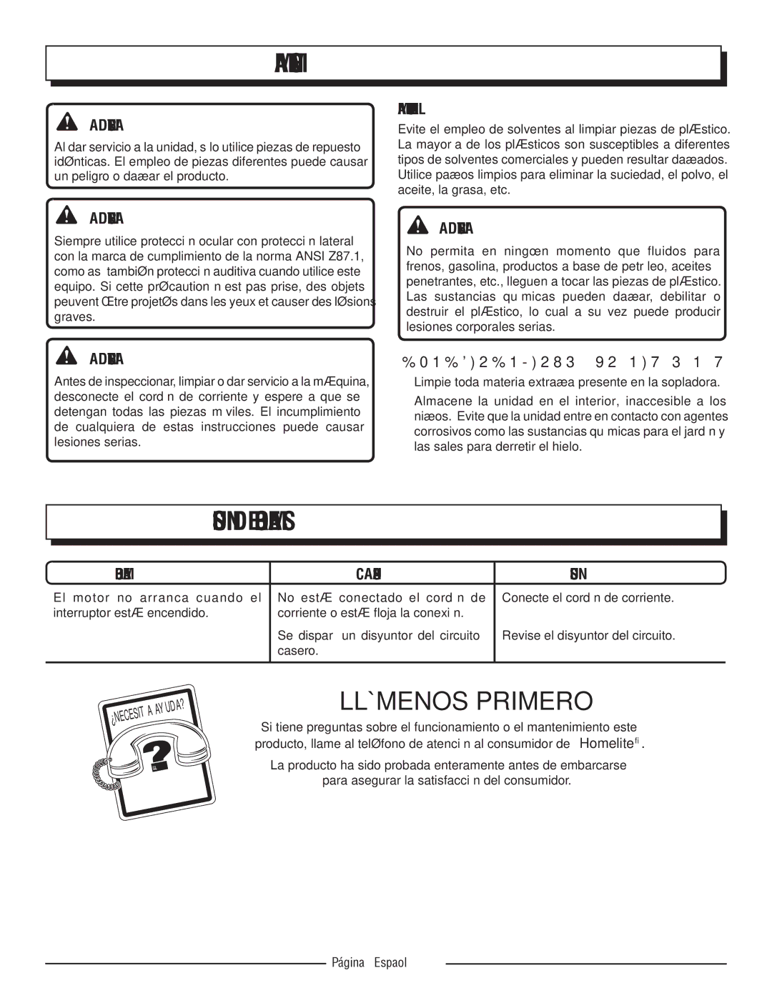 Homelite UT42100 Solución de problemas, Llámenos Primero, Mantenimiento General, Almacenamiento UN MES O MÁS 