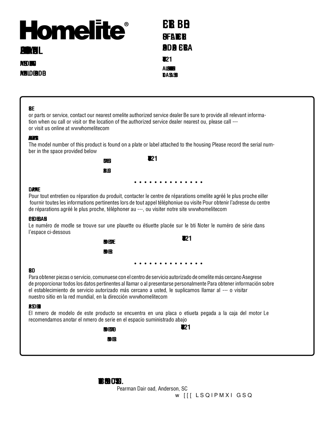 Homelite UT42100 manuel dutilisation Manuel D’UTILISATION Manual DEL Operador 