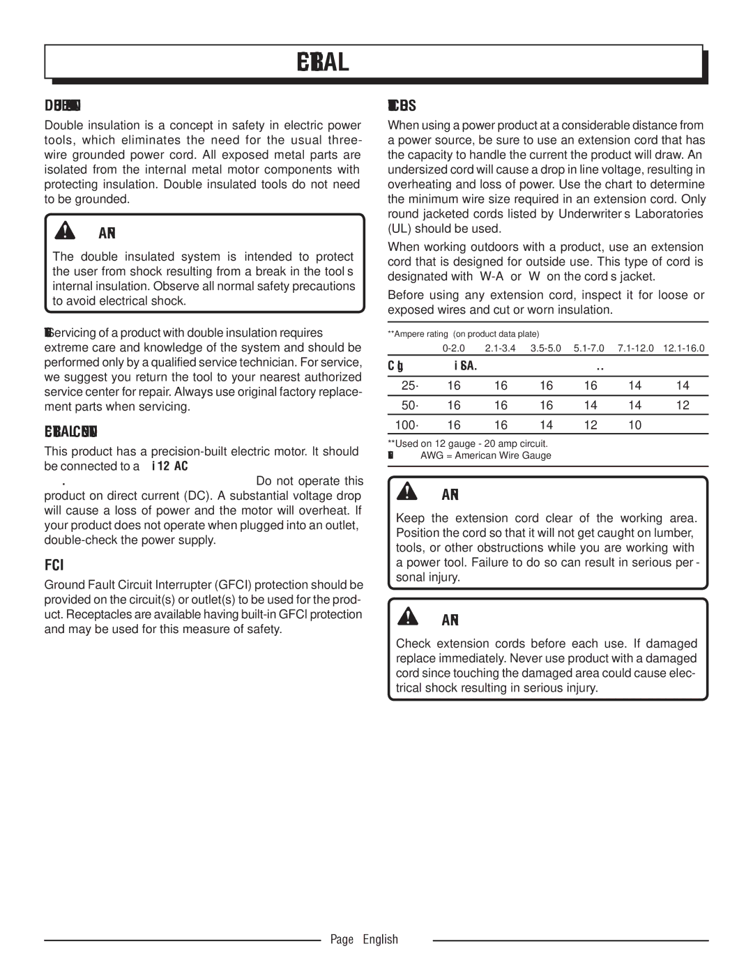 Homelite UT42100 manuel dutilisation Double Insulation, Electrical Connection, Gfci, Extension Cords 