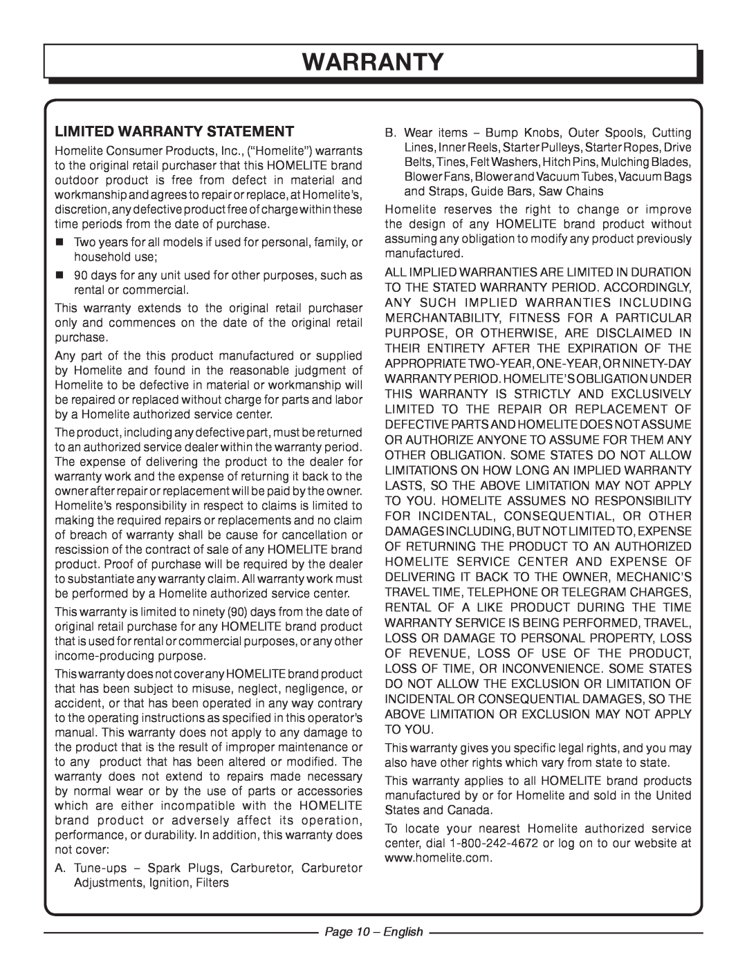 Homelite UT42100 manuel dutilisation Limited Warranty Statement, Page 10 - English 