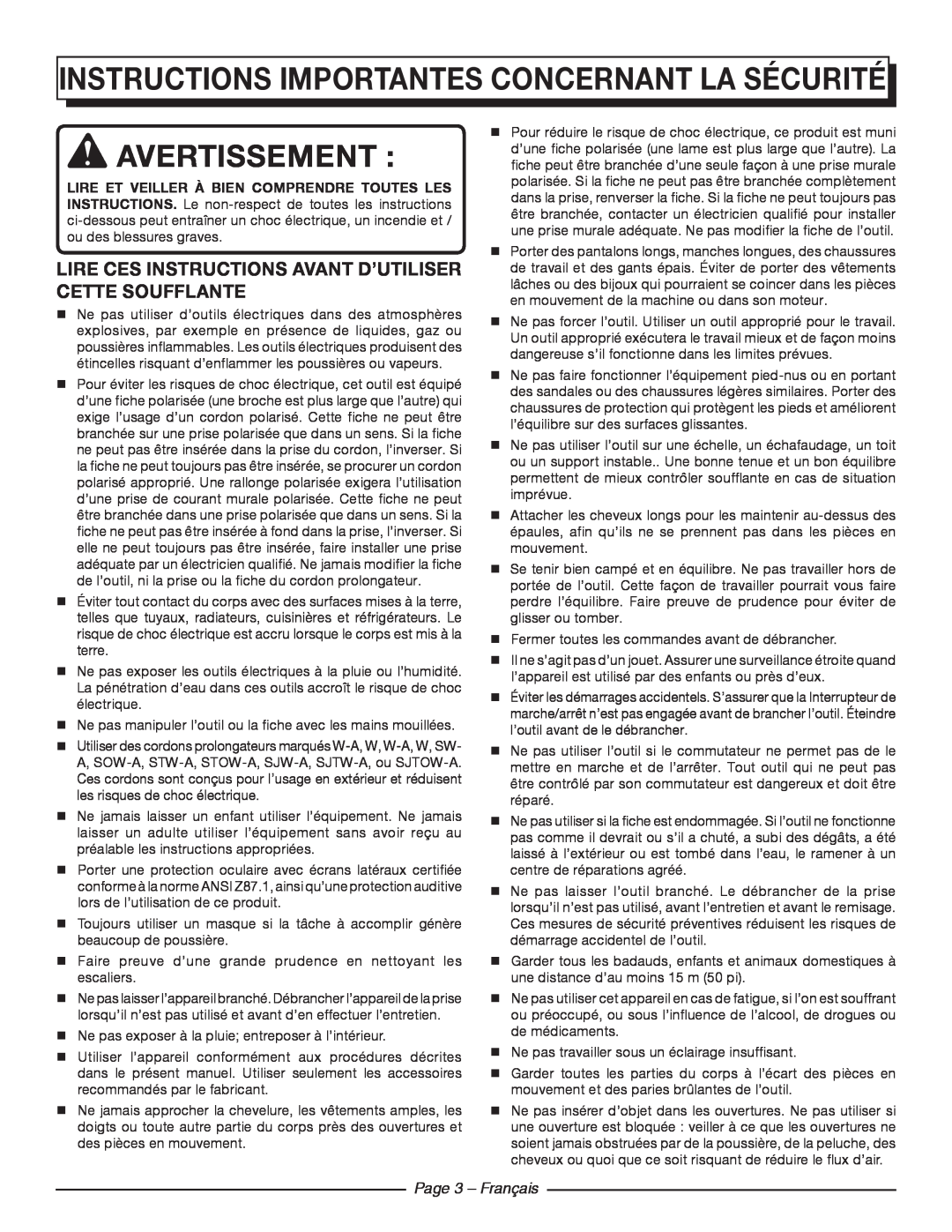 Homelite UT42100 manuel dutilisation Instructions importantes concernant la sécurité, Avertissement, Page 3 - Français 