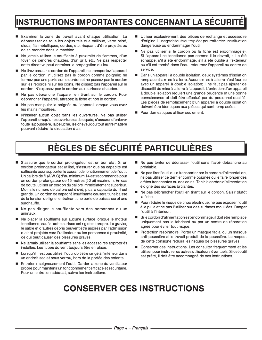 Homelite UT42100 manuel dutilisation Règles De Sécurité Particulières, conserver ces instructions, Page 4 - Français 