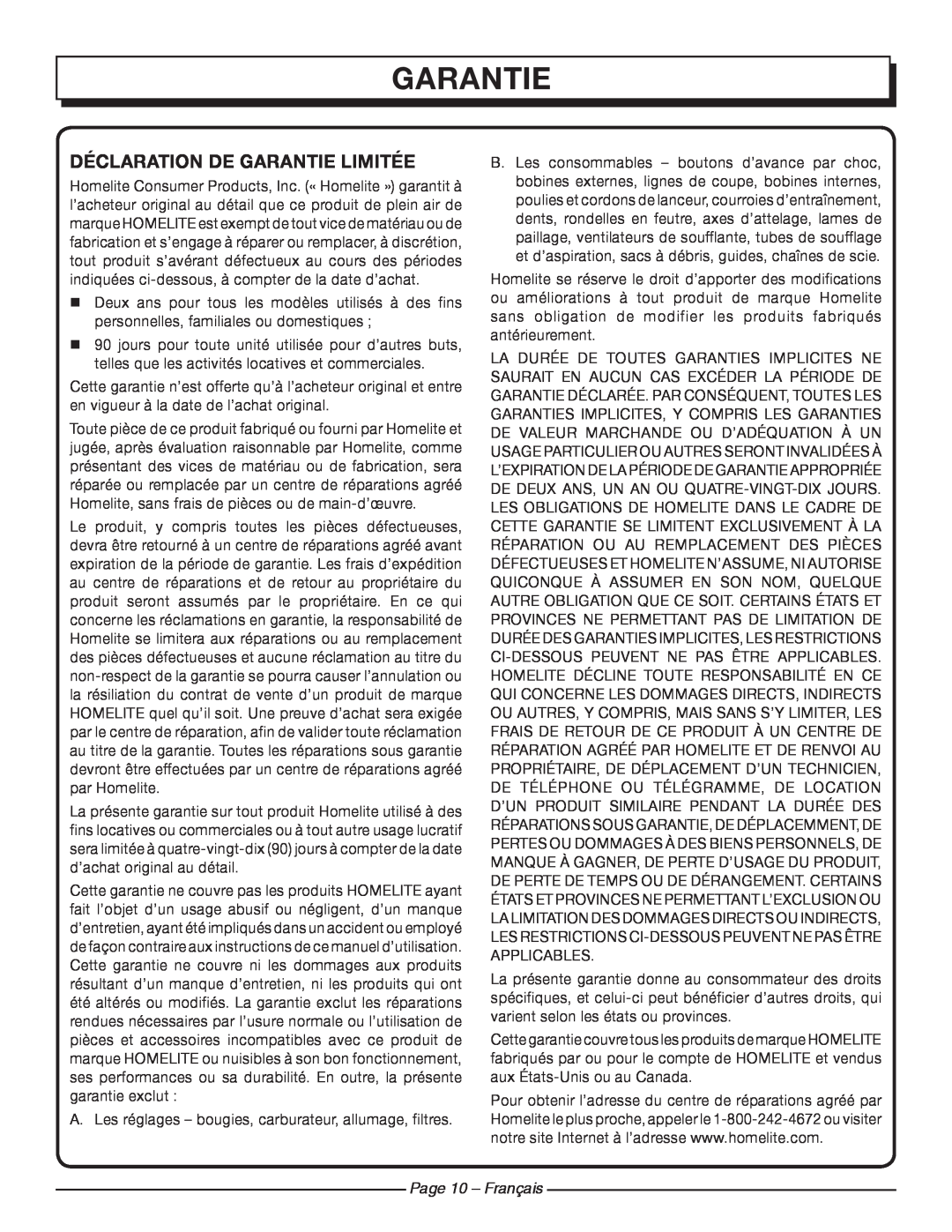 Homelite UT42100 manuel dutilisation Déclaration De Garantie Limitée, Page 10 - Français 