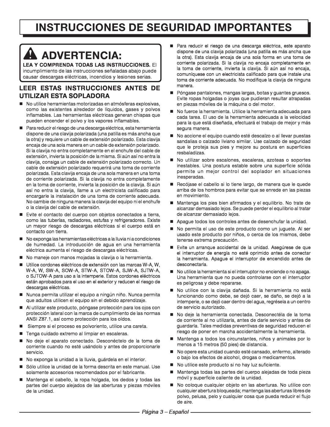 Homelite UT42100 manuel dutilisation Instrucciones de seguridad importantes, Advertencia, Página 3 - Español 