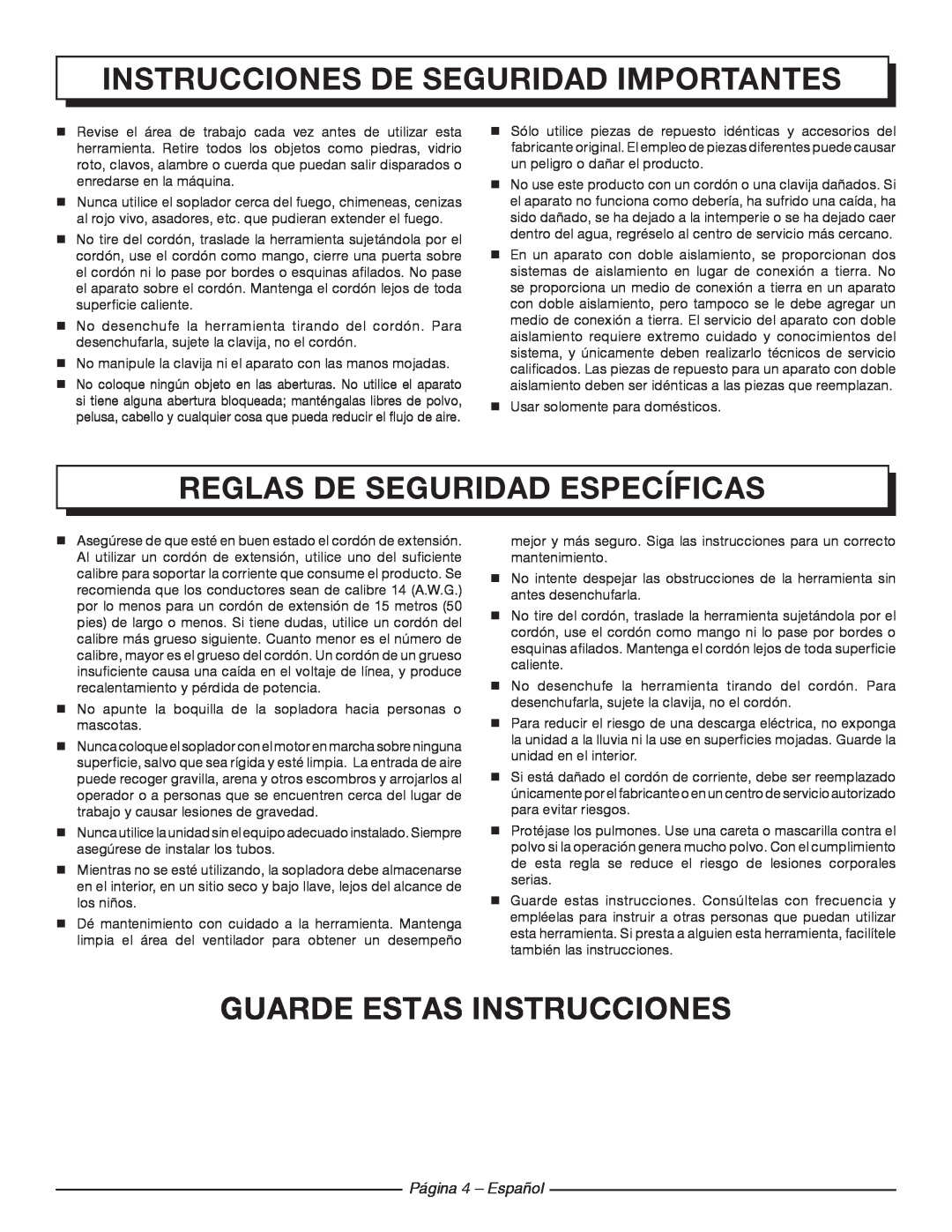 Homelite UT42100 manuel dutilisation Reglas De Seguridad Específicas, Guarde estas instrucciones, Página 4 - Español 