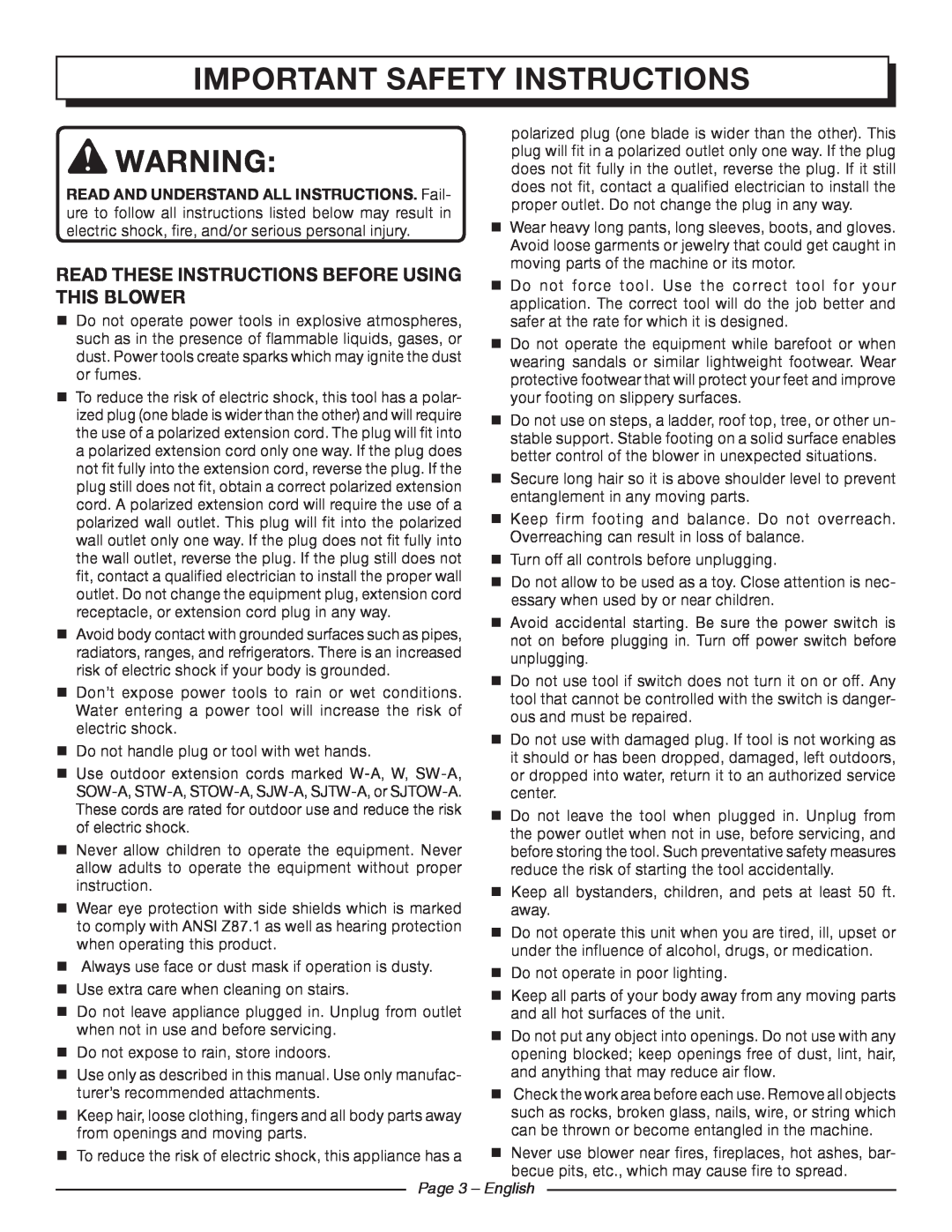Homelite UT42100 important safety instructions, READ THESE INSTRUCTIONS before using, this blower, Page 3 - English 
