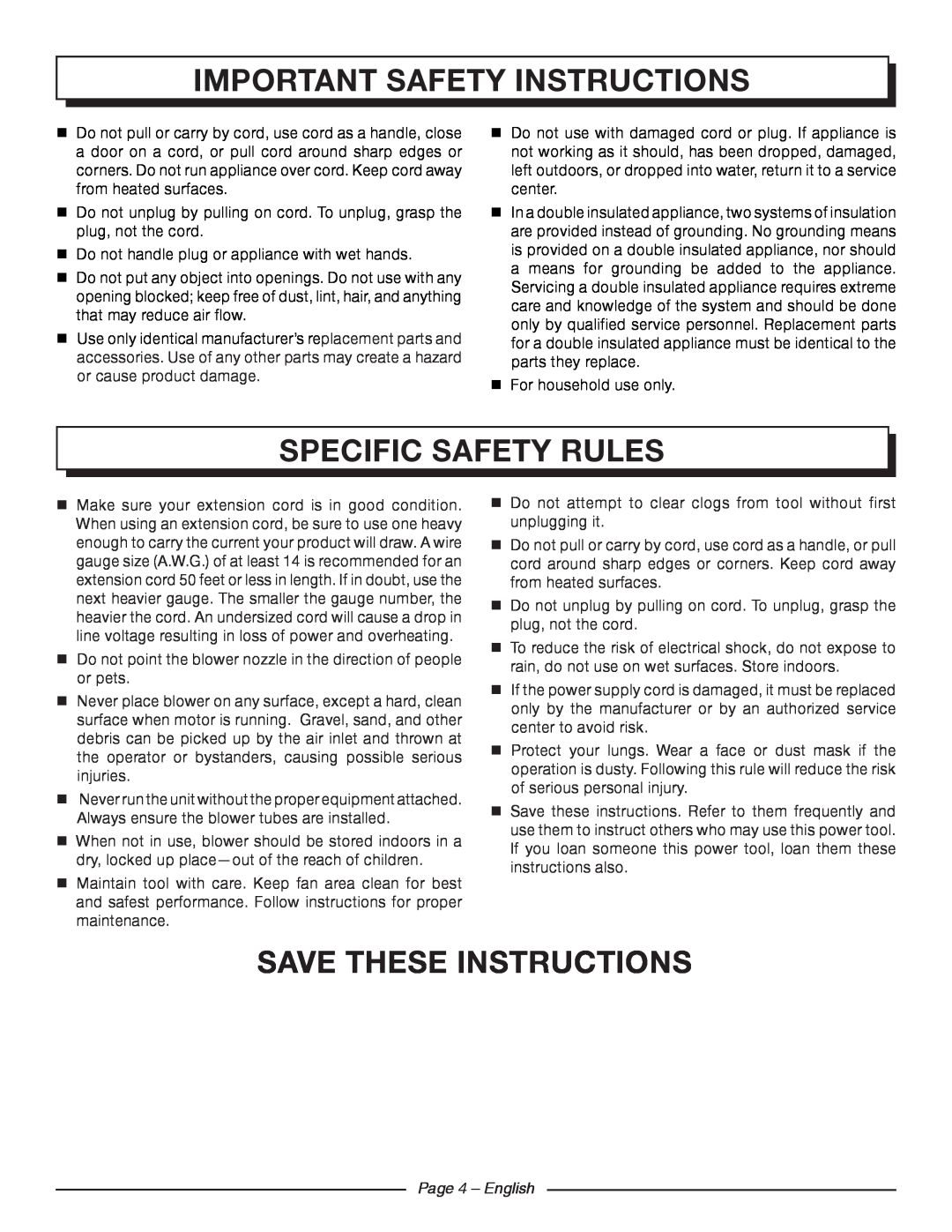 Homelite UT42100 Specific Safety Rules, Save these instructions, Page 4 - English, important safety instructions 