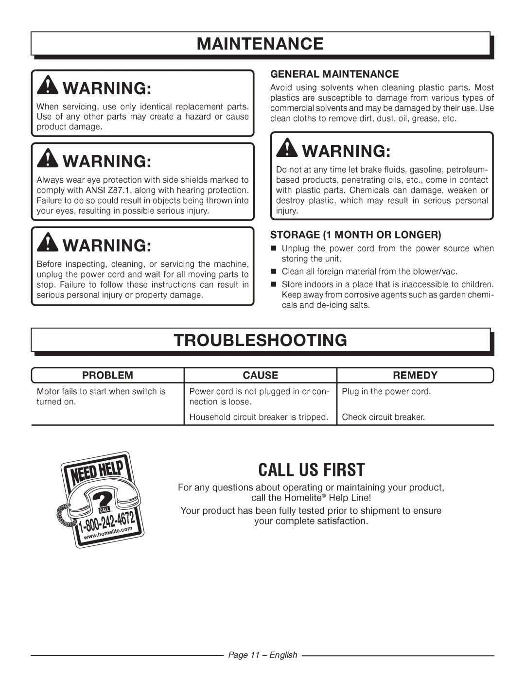 Homelite UT42120 manuel dutilisation Troubleshooting, Call US First, General Maintenance, Storage 1 Month or Longer 