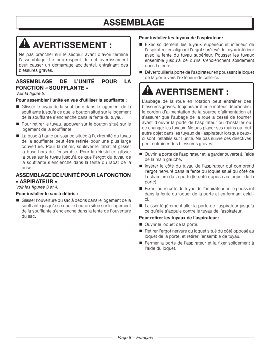 Homelite UT42120 Assemblage Avertissement, Avertisement, Assemblage DE L’UNITÉ Pour LA Fonction « Soufflante » 