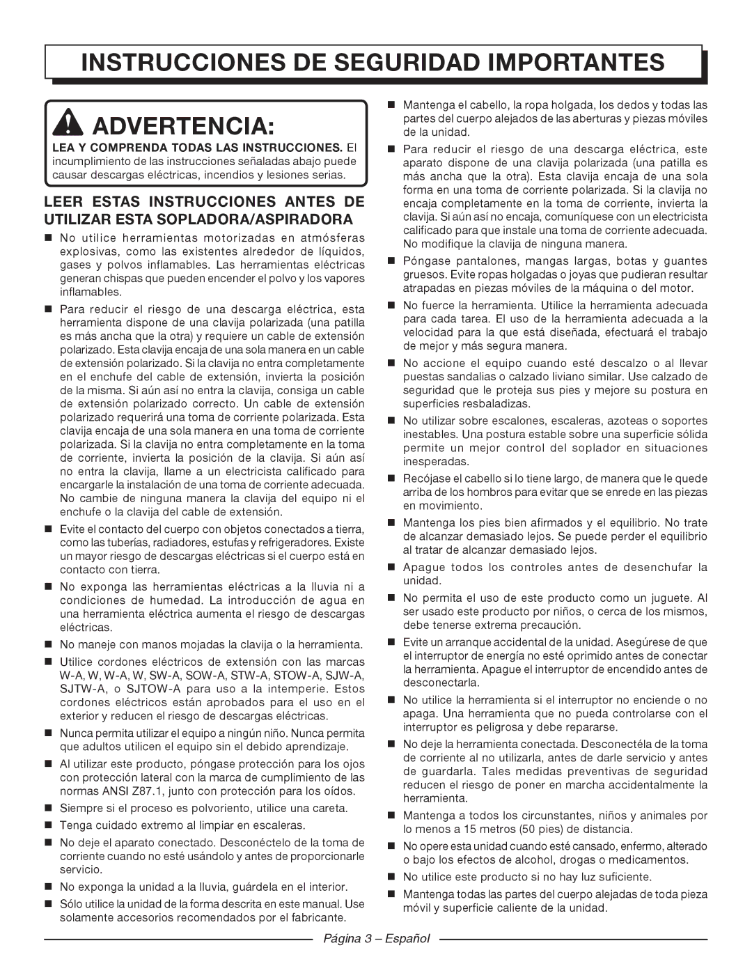 Homelite UT42120 manuel dutilisation Advertencia, Página 3 Español 