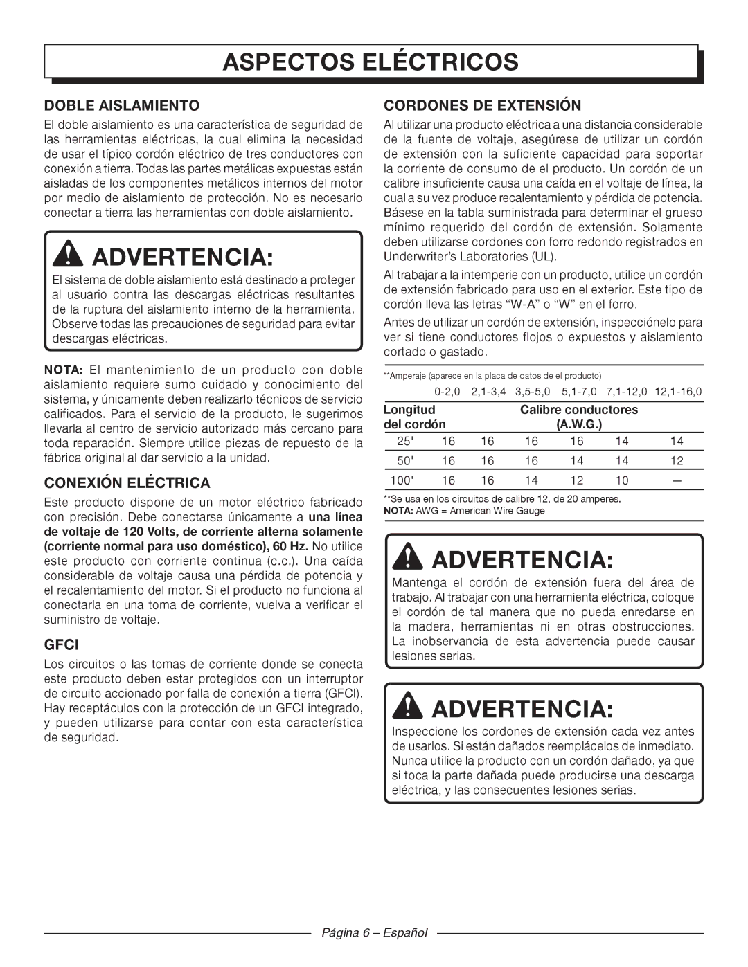 Homelite UT42120 Aspectos Eléctricos, Doble Aislamiento, Conexión Eléctrica, Cordones DE Extensión, Página 6 Español 