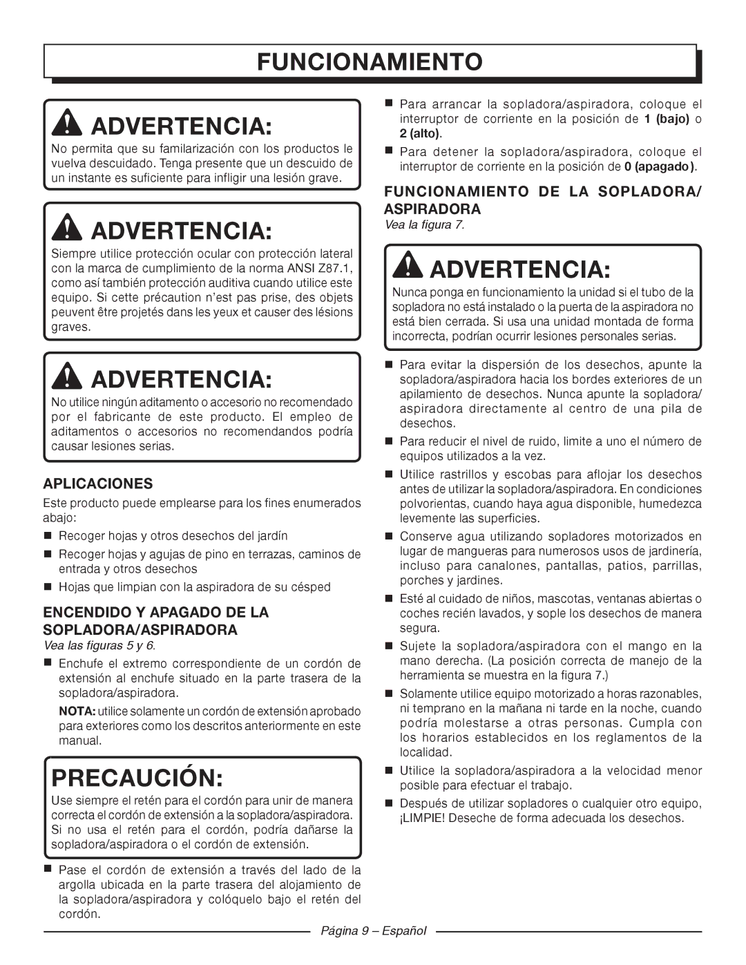 Homelite UT42120 manuel dutilisation Funcionamiento Advertencia, Precaución, Aplicaciones, Encendido Y Apagado DE LA 