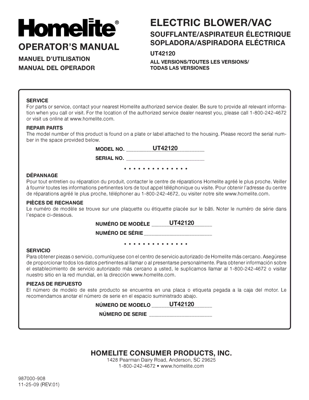 Homelite UT42120 manuel dutilisation Manuel D’UTILISATION, Manual DEL Operador 