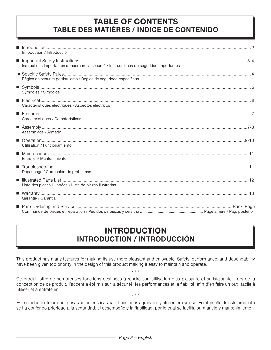 Homelite UT42120 manuel dutilisation Table of Contents 