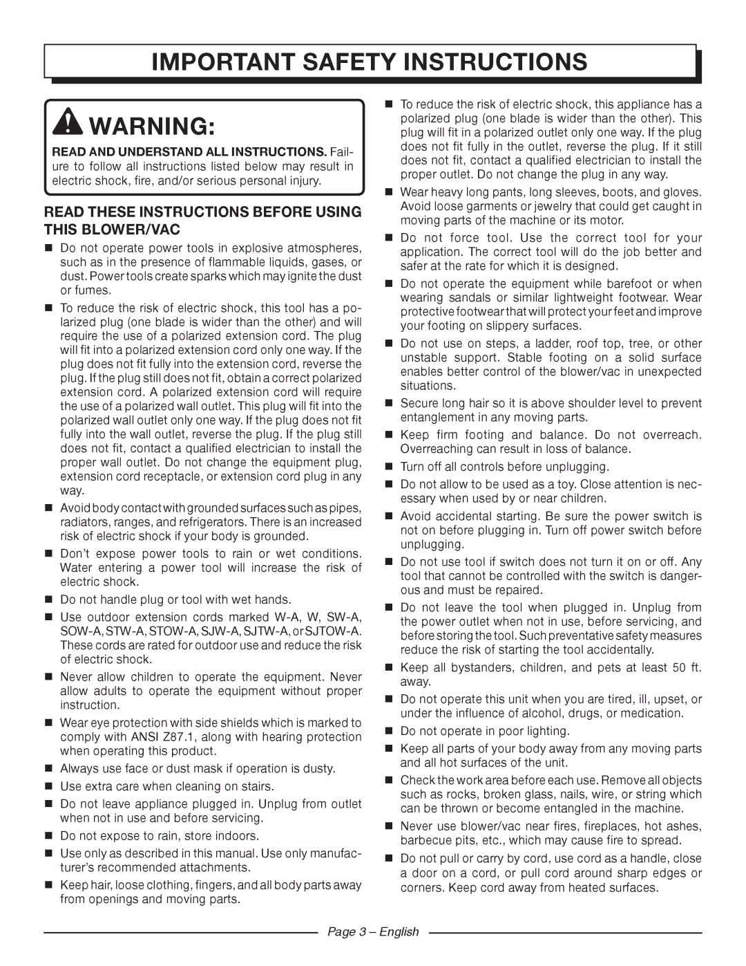 Homelite UT42120 manuel dutilisation Read These Instructions before using this blower/vac, English 