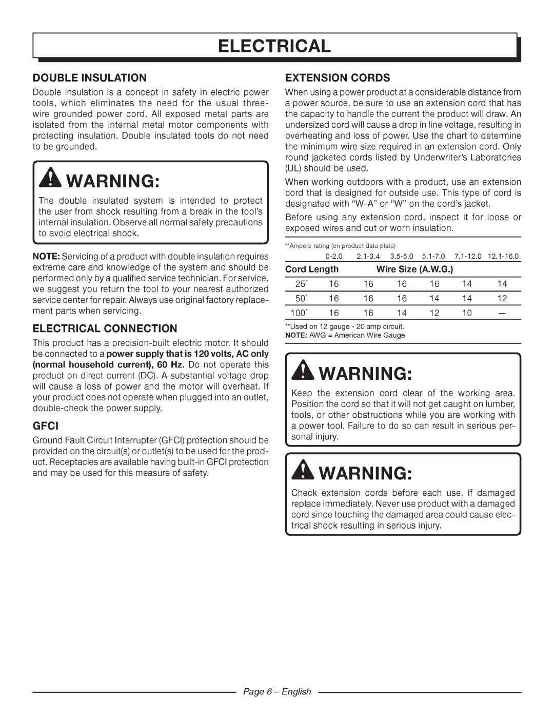 Homelite UT42120 manuel dutilisation Double Insulation, Electrical Connection, Gfci, Extension Cords, English 