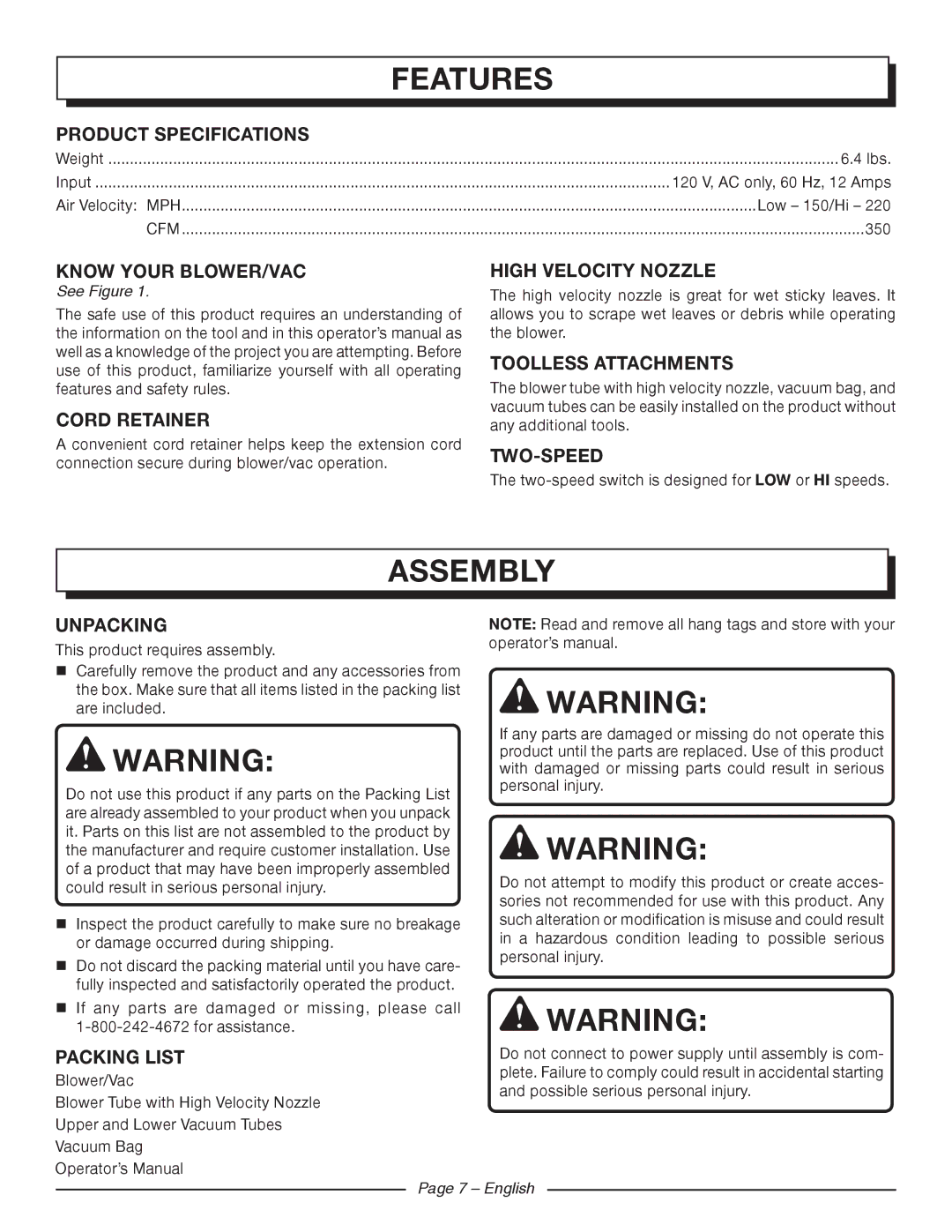 Homelite UT42120 manuel dutilisation Assembly, Product Specifications, Two-Speed, Unpacking, Packing List 