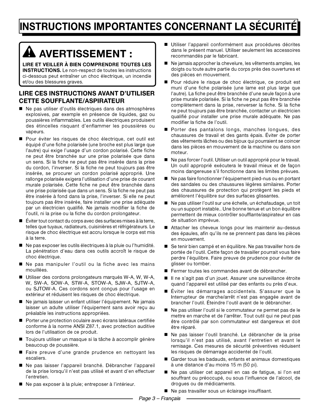 Homelite UT42120 manuel dutilisation Instructions importantes concernant la sécurité, Avertissement, Page 3 - Français 