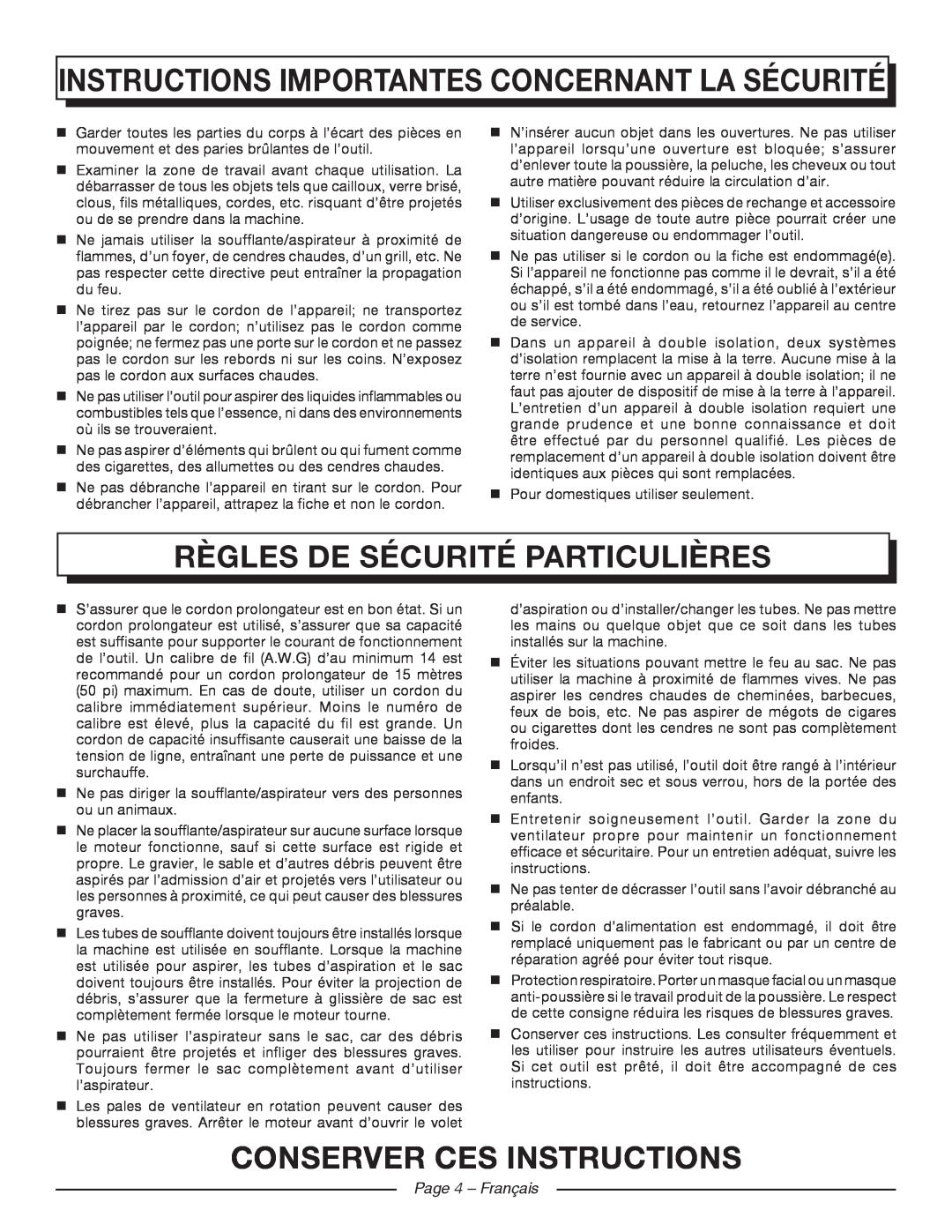 Homelite UT42120 manuel dutilisation Règles De Sécurité Particulières, conserver ces instructions, Page 4 - Français 