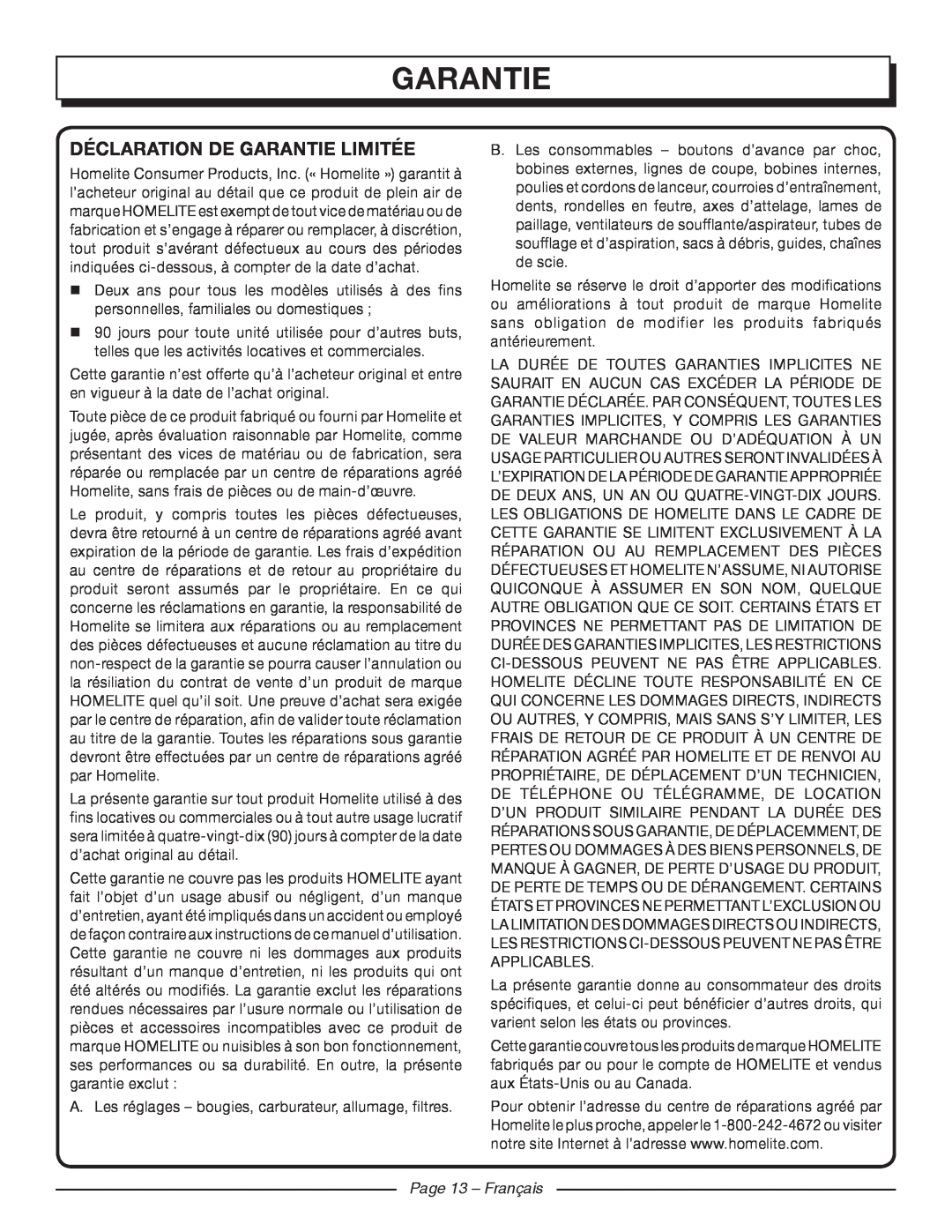Homelite UT42120 manuel dutilisation Déclaration De Garantie Limitée, Page 13 - Français 