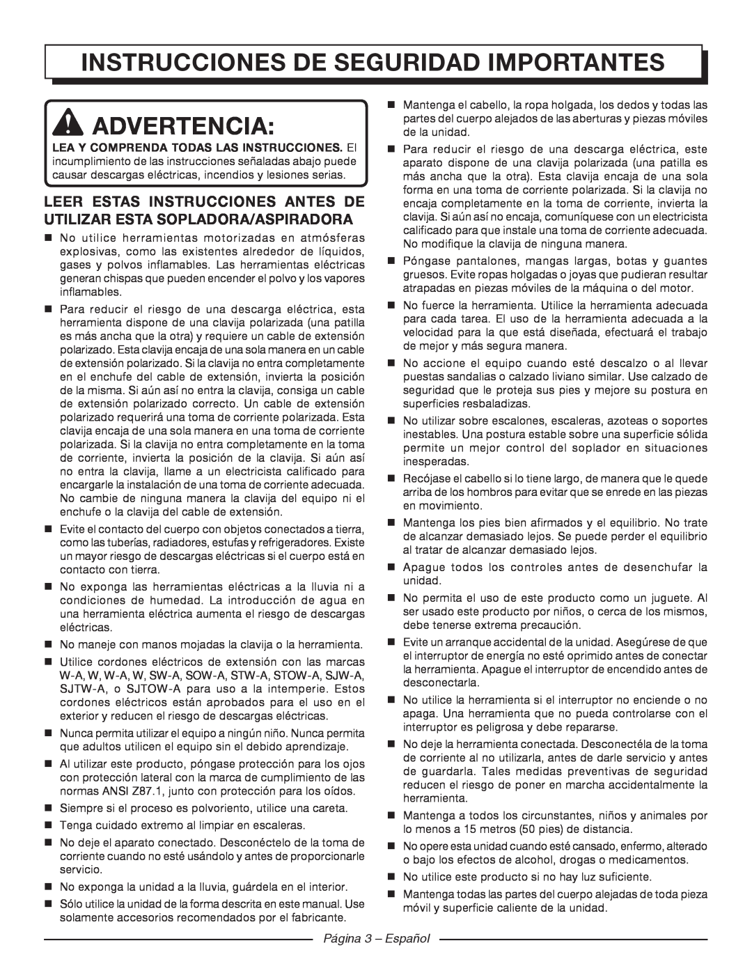 Homelite UT42120 manuel dutilisation Instrucciones de seguridad importantes, Advertencia, Página 3 - Español 