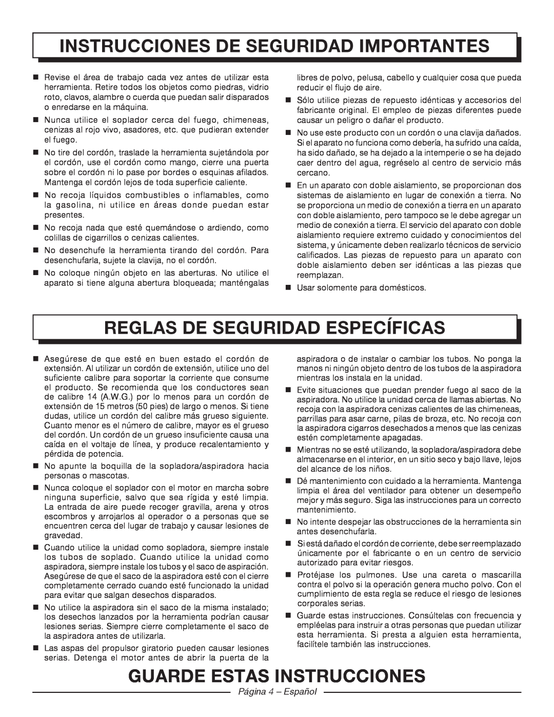 Homelite UT42120 manuel dutilisation Reglas De Seguridad Específicas, Guarde estas instrucciones, Página 4 - Español 