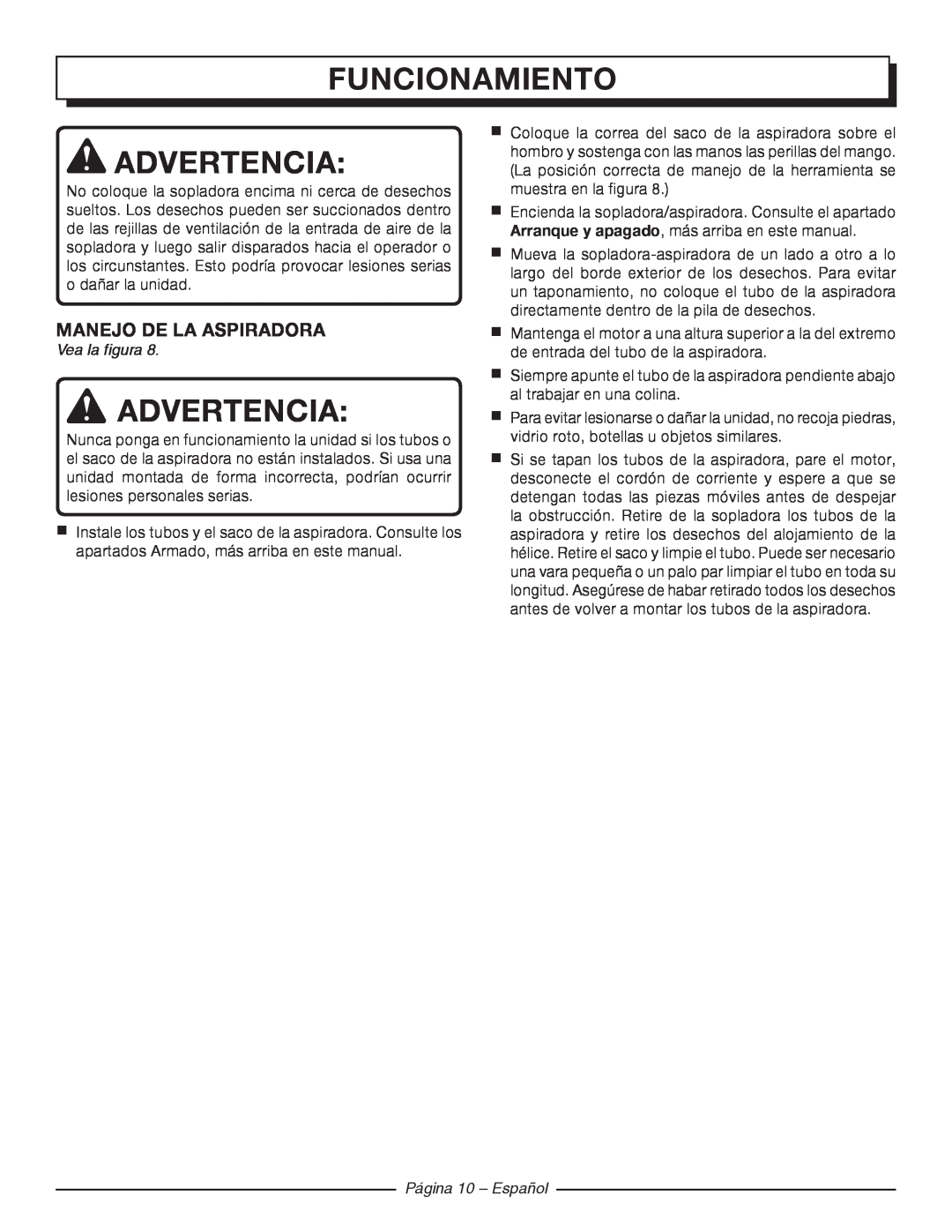 Homelite UT42120 Manejo De La Aspiradora, Página 10 - Español, Funcionamiento, Advertencia, Vea la figura 