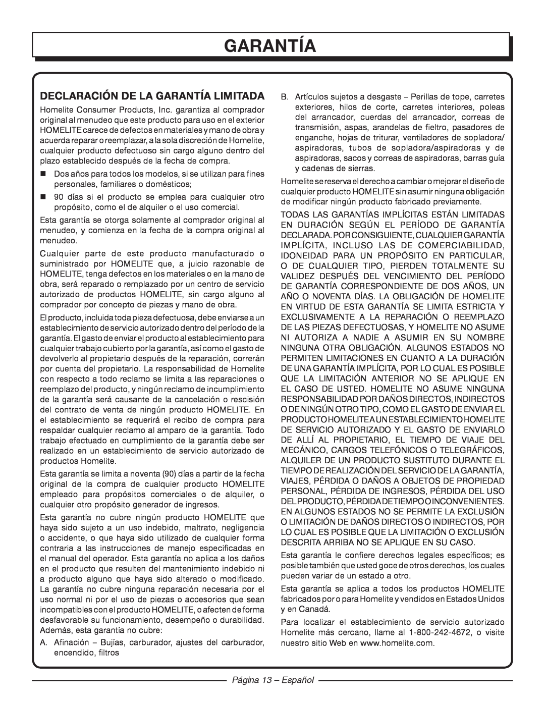 Homelite UT42120 manuel dutilisation garantía, Declaración De La Garantía Limitada, Página 13 - Español 