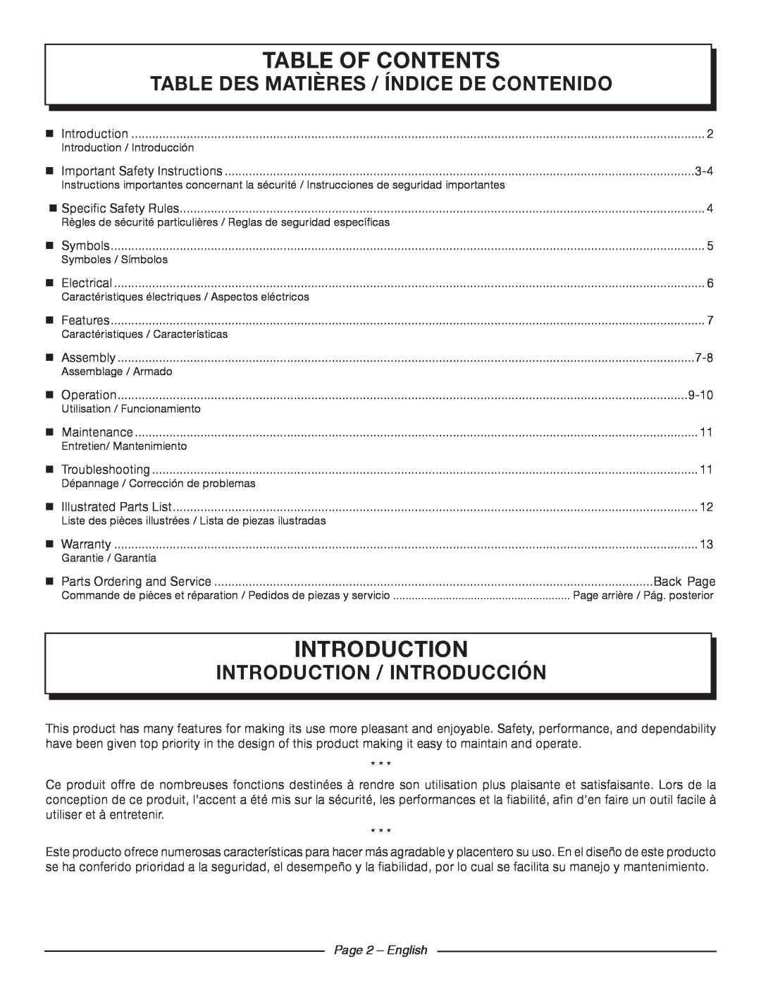 Homelite UT42120 Table Of Contents, introduction, Page 2 - English, Table Des Matières / Índice De Contenido 