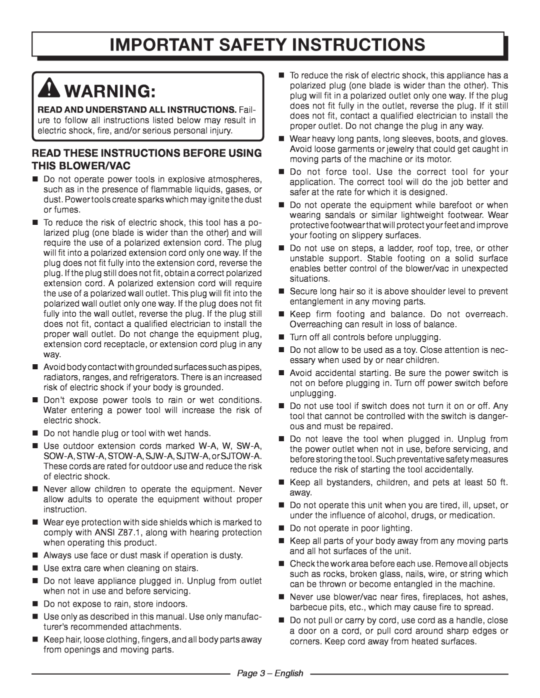 Homelite UT42120 important safety instructions, READ THESE INSTRUCTIONS before using this blower/vac, Page 3 - English 