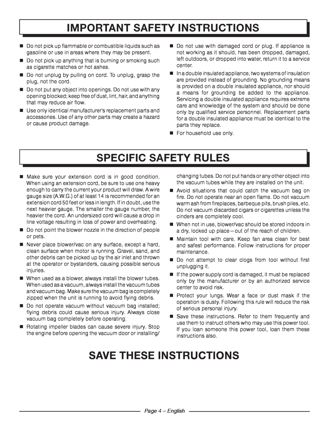 Homelite UT42120 Specific Safety Rules, Save these instructions, Page 4 - English, important safety instructions 