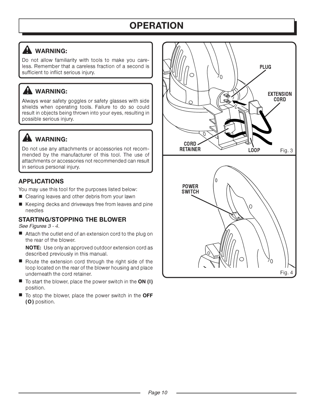 Homelite UT42799 manual Operation, Applications, STARTING/STOPPING the Blower 