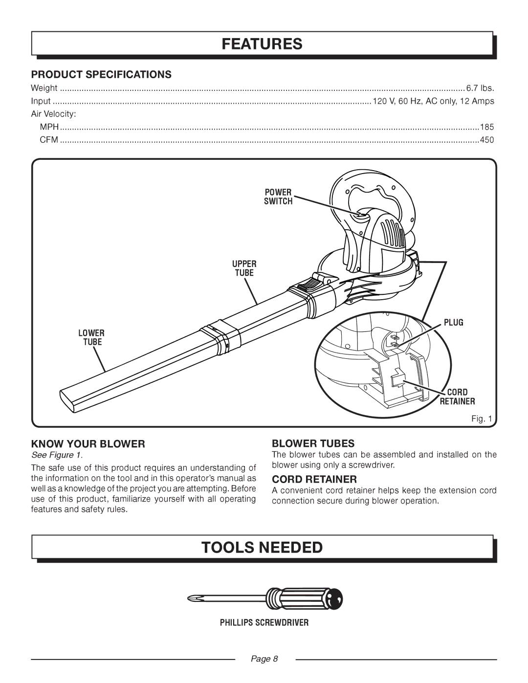 Homelite UT42799 manual Tools Needed, Product Specifications, Know Your Blower, Blower Tubes, Cord Retainer 