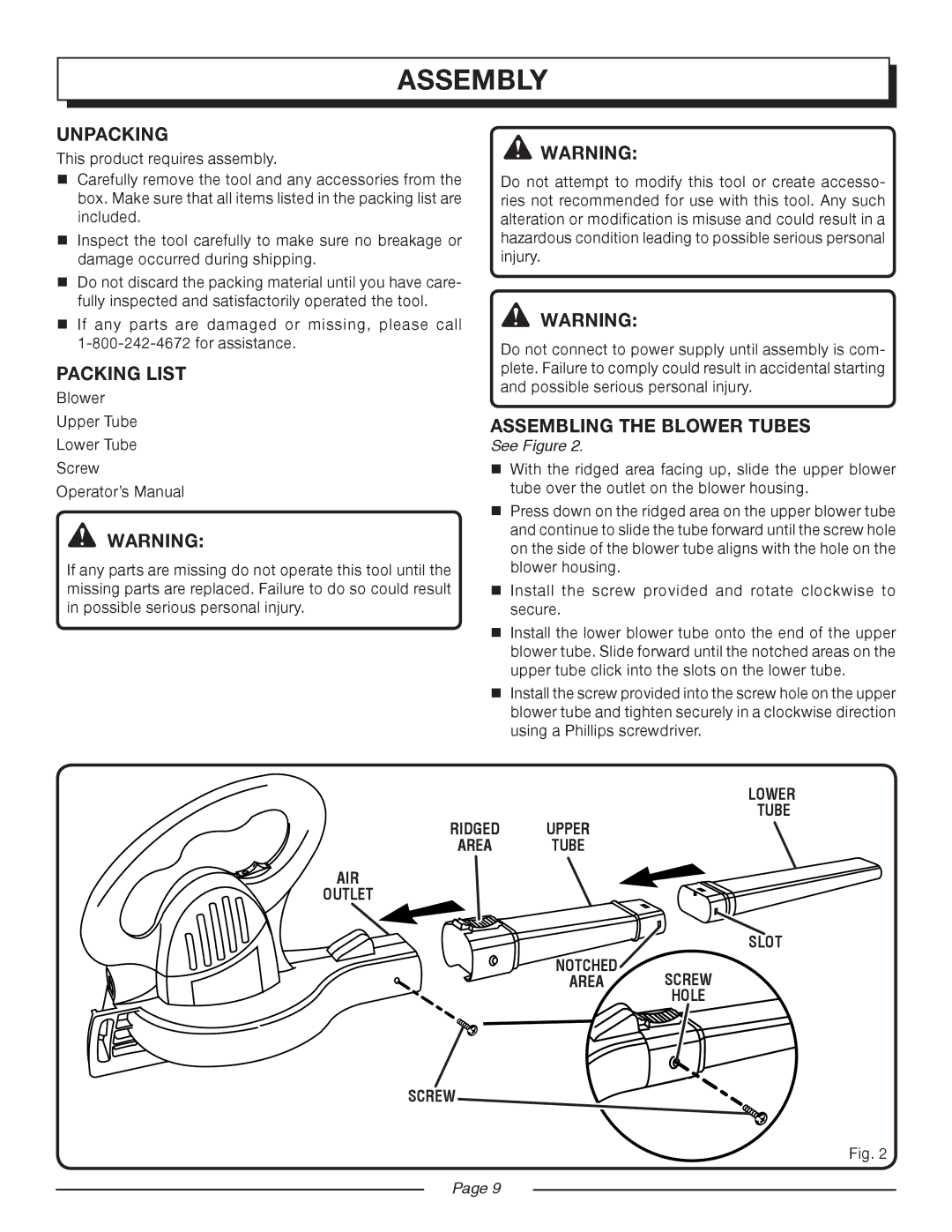 Homelite UT42799 manual Assembly, Unpacking, Packing List, Assembling the Blower Tubes 