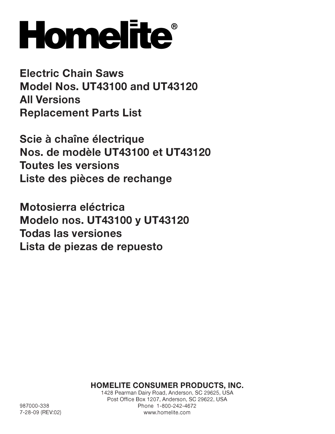 Homelite UT43120, ut43100 manual Homelite Consumer PRODUCTS, INC 