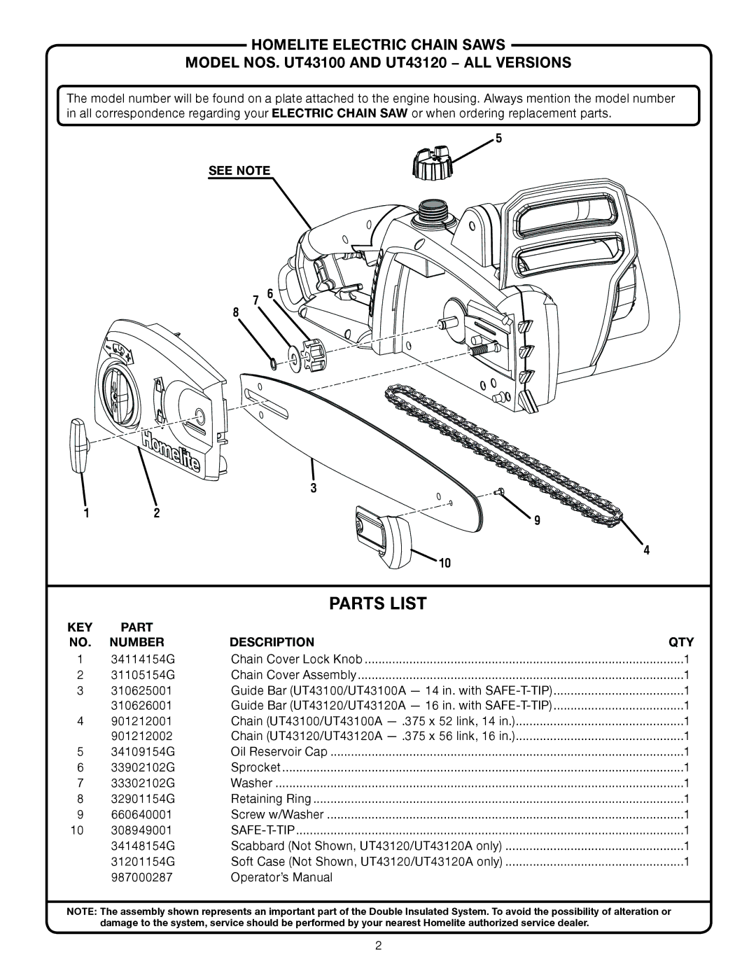 Homelite ut43100, UT43120 manual Parts List, See Note, Key, Number Description QTY 