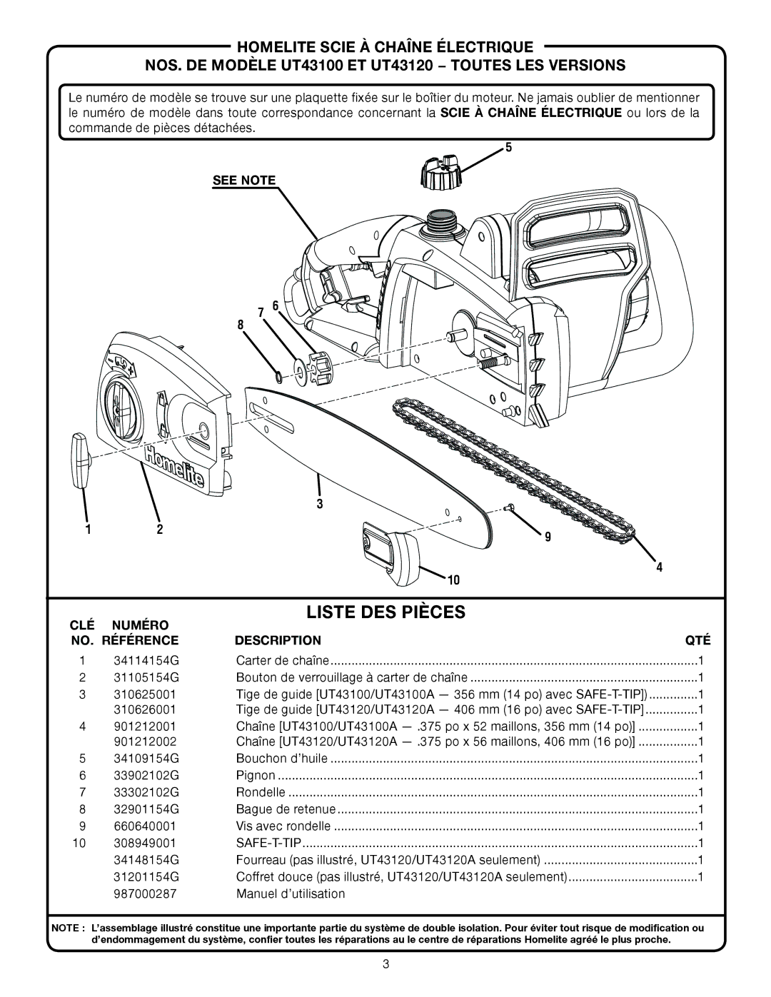 Homelite UT43120, ut43100 manual Liste DES Pièces, See Note CLÉ, Description QTÉ 