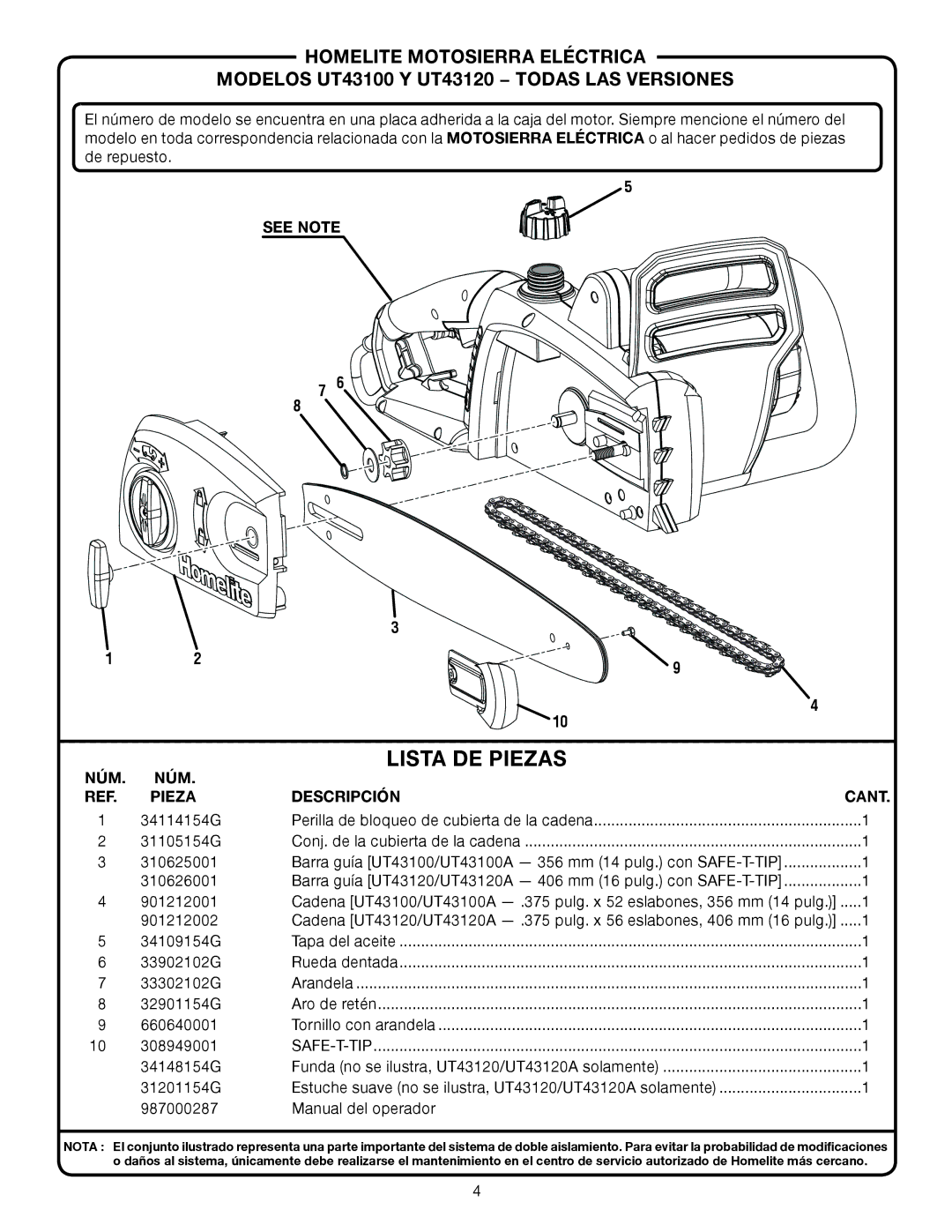 Homelite ut43100, UT43120 manual Lista DE Piezas, See Note NÚM, Pieza Descripción Cant 