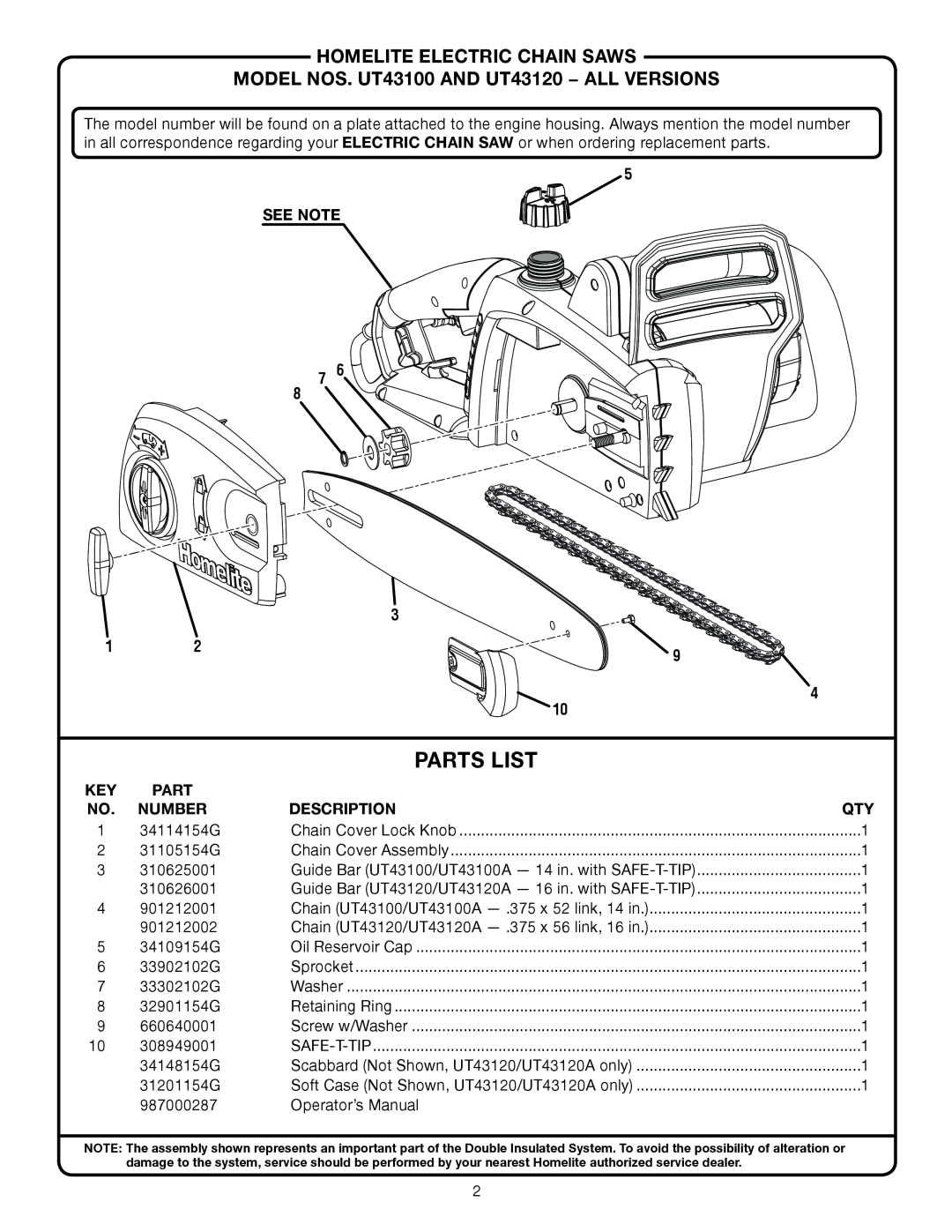 Homelite ut43100 Parts List, homelite electric chain sawS, Model Nos. UT43100 and UT43120 − ALL VERSIONS, See Note, part 
