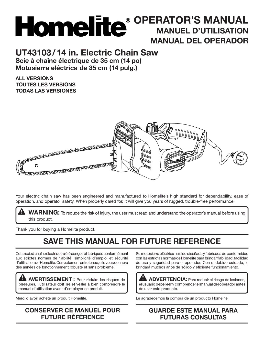 Homelite UT43103 manuel dutilisation Manuel D’UTILISATION Manual DEL Operador, Save this Manual for Future Reference 